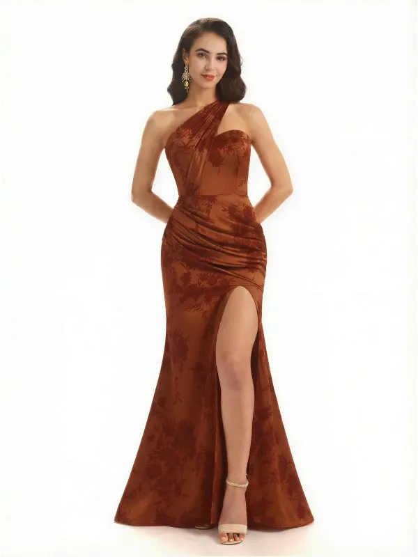 Sexy One Shoulder Side Slit Mermaid Satin Floral Formal Dresses For Women sold by ChicSew