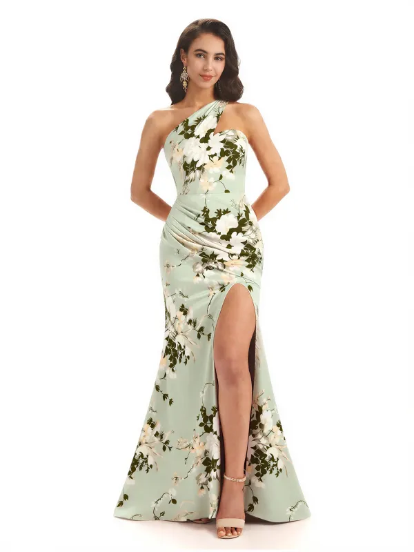 Sexy One Shoulder Side Slit Mermaid Satin Floral Formal Dresses For Women sold by ChicSew