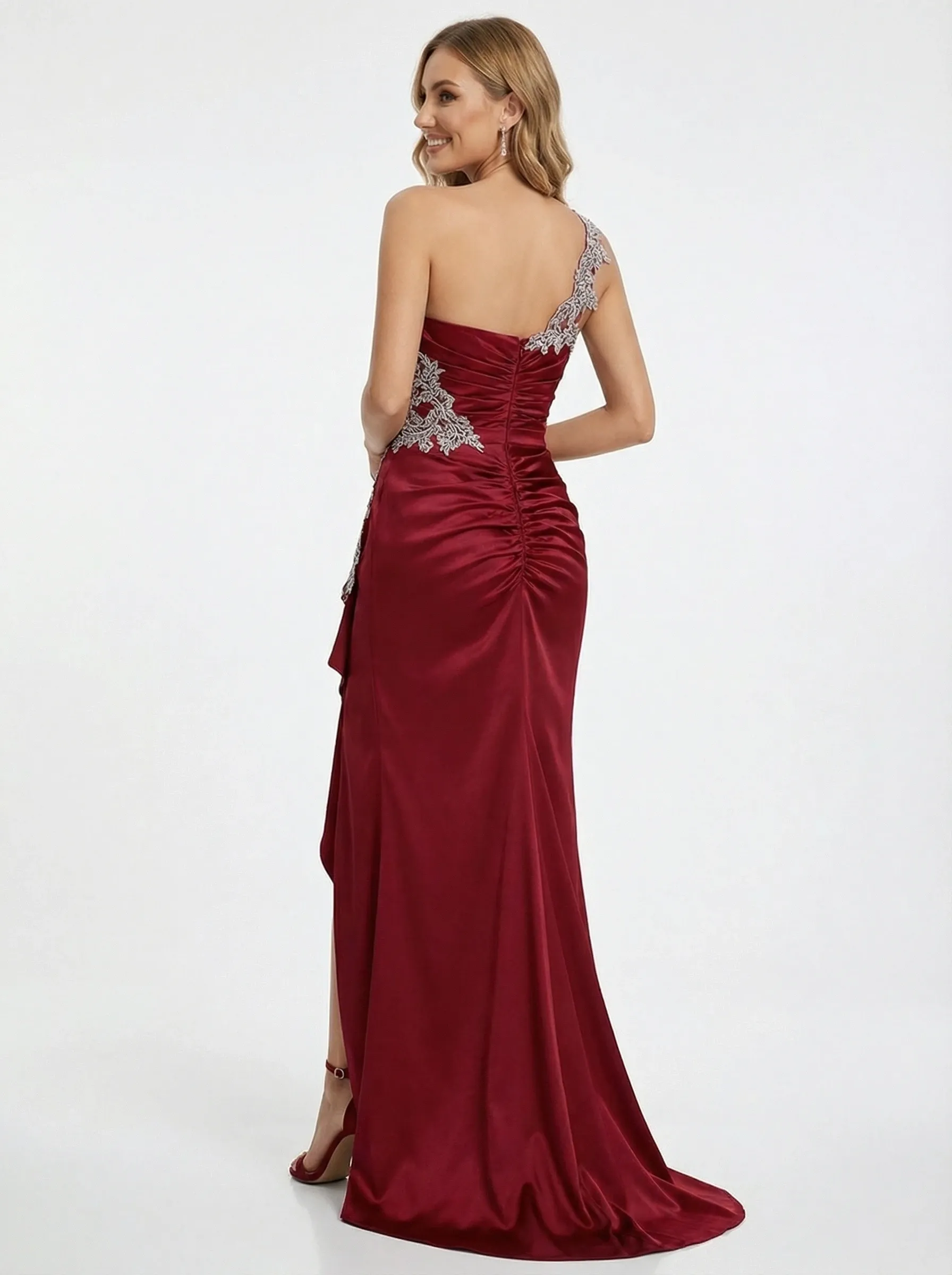 Elegant One Shoulder Mermaid Applique Long Satin Prom Dresses with Side Slit sold by ChicSew product image thumbnail 3