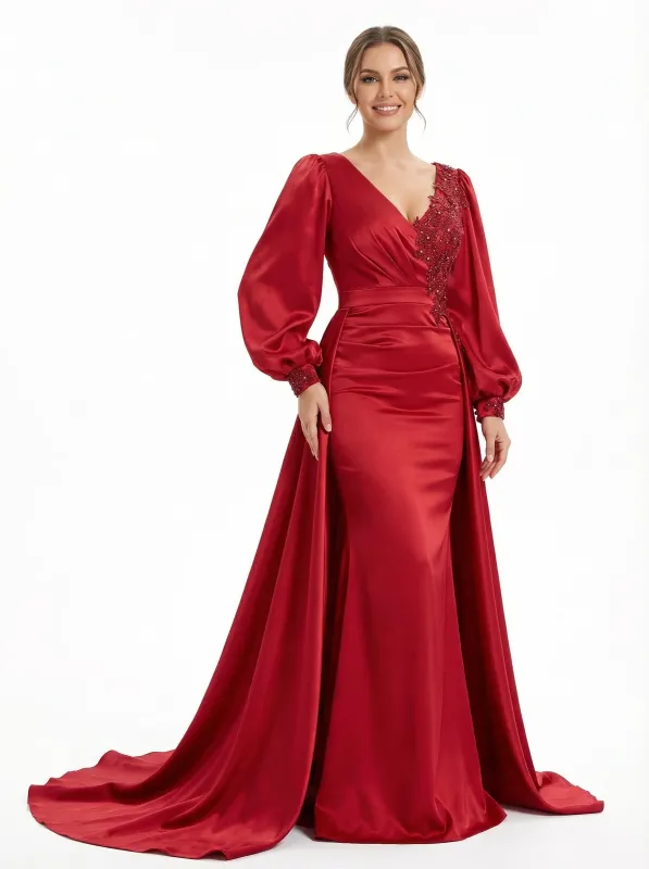 Gorgeous V-neck Long Sleeves Lace Mermaid Long Satin Prom Dresses Overskirt sold by ChicSew