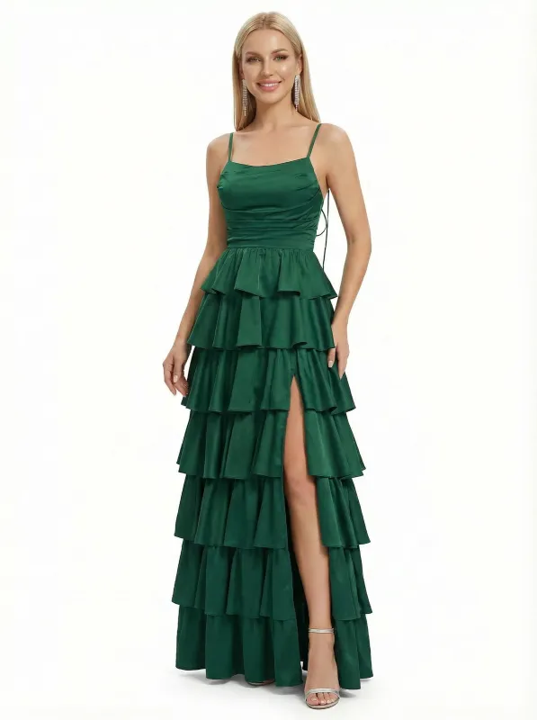 Sexy Spaghetti Strap Tiered Ruffle Prom Dress High Slit Satin A-Line Formal Party Gown sold by ChicSew
