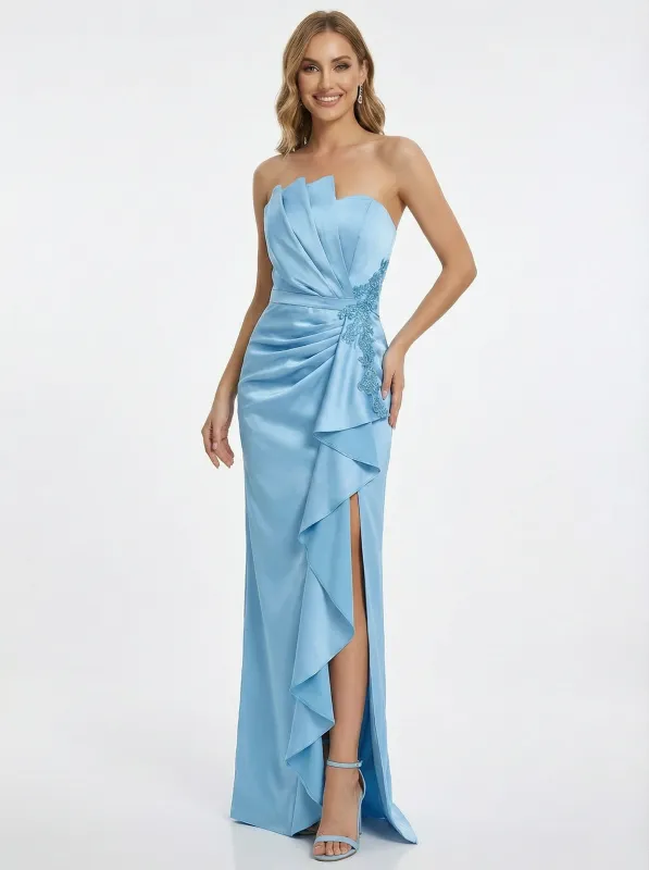 Elegant Strapless Asymmetrical Mermaid Satin Long Party Prom Dresses  Side Slit sold by ChicSew