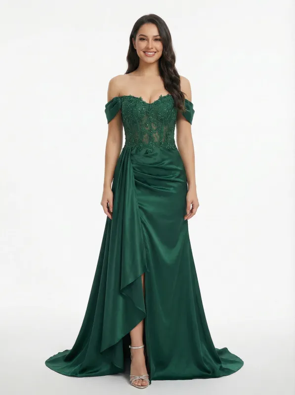 Sexy Off Shoulder Mermaid Lace Beaded Satin Side Slit Long Party Prom Dresses sold by ChicSew