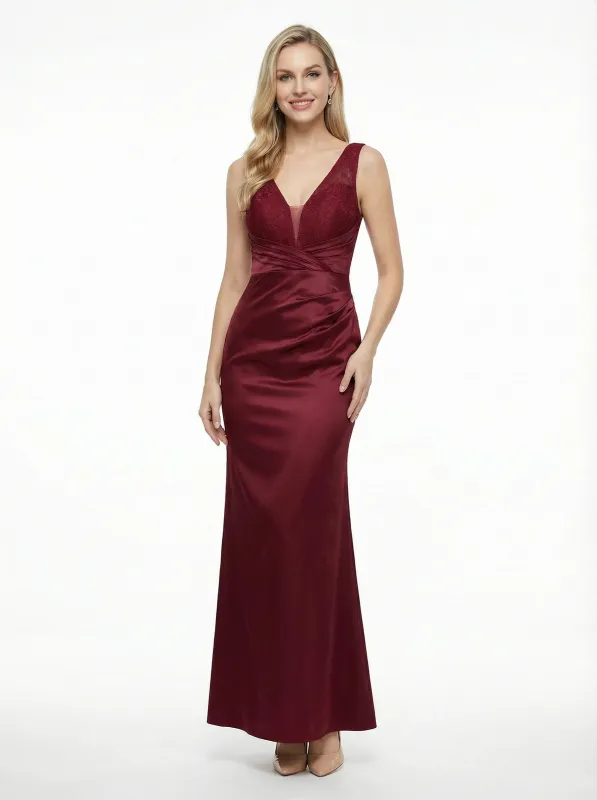 Simple V-neck Lace Mermaid Satin Maxi Prom Dresses For Evening Party sold by ChicSew