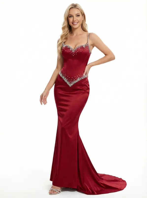 Sparkly Beaded Spaghetti Straps Mermaid Satin Prom Dresses sold by ChicSew