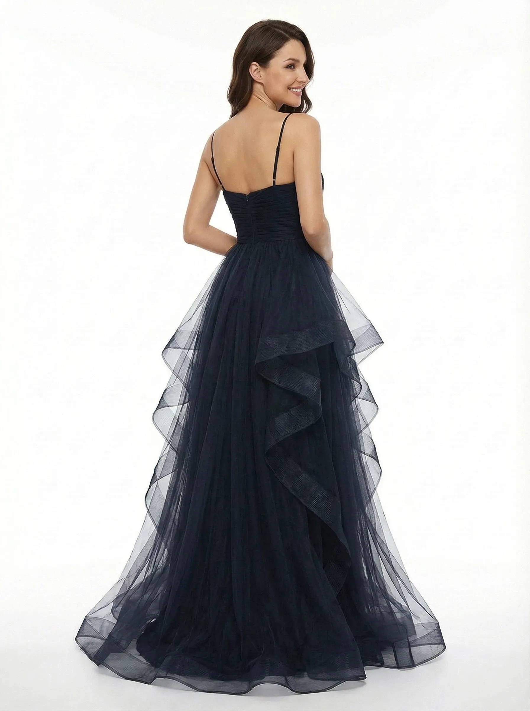 Elegant Spaghetti Straps Ruffle Tulle V-neck A-line Prom Dresses with Side Slit sold by ChicSew product image thumbnail 3