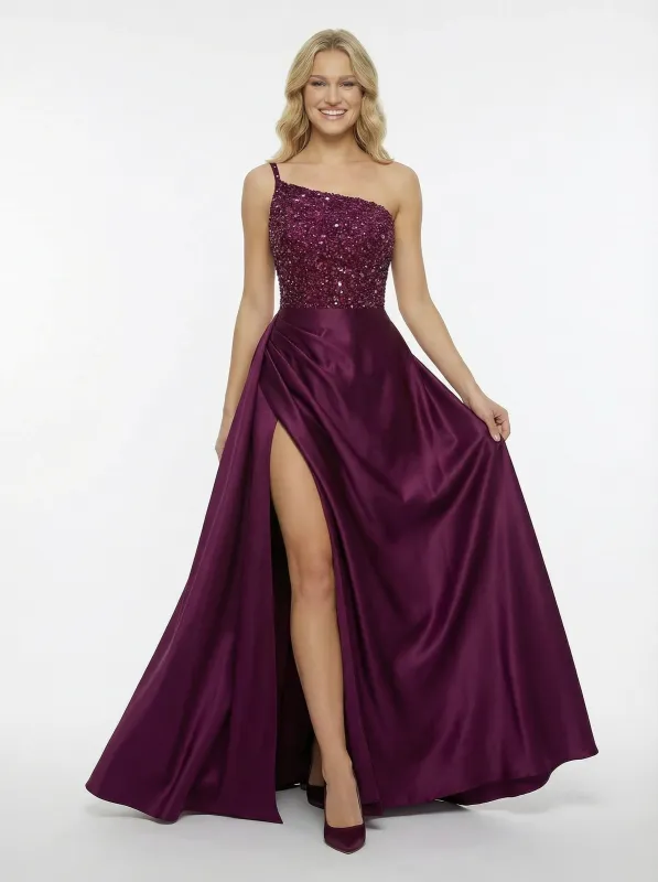Sexy One Shoulder Sequin Beaded A-line Satin Formal Gown Side Slit sold by ChicSew