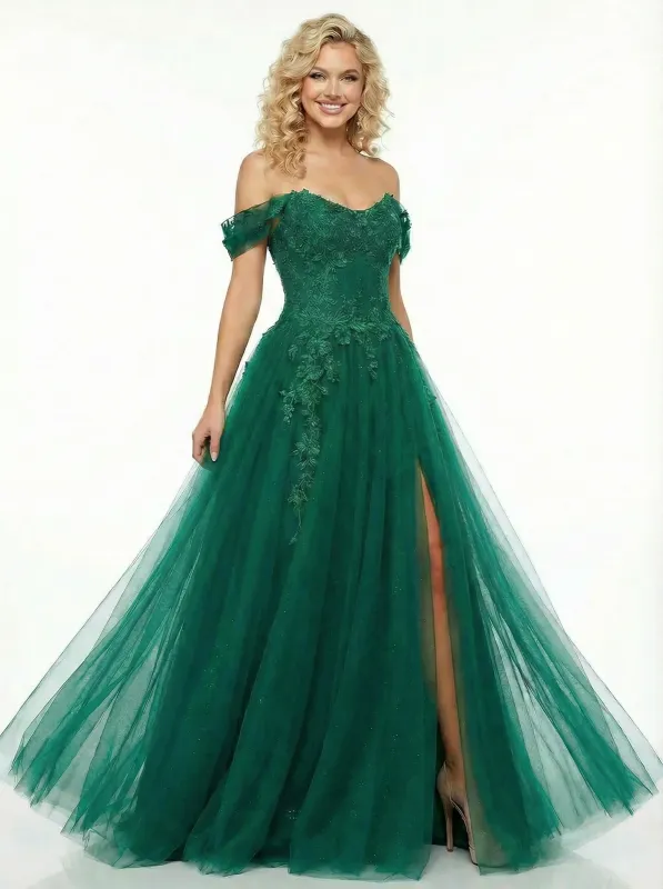 Elegent Off The Shoulder Floor Length Lace Beaded A-Line Party Prom Dresses Side Slit sold by ChicSew