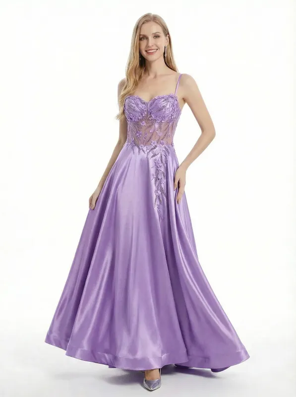 Sexy Cut Out Lace Beaded A Line Satin Long Party Prom Dresses sold by ChicSew