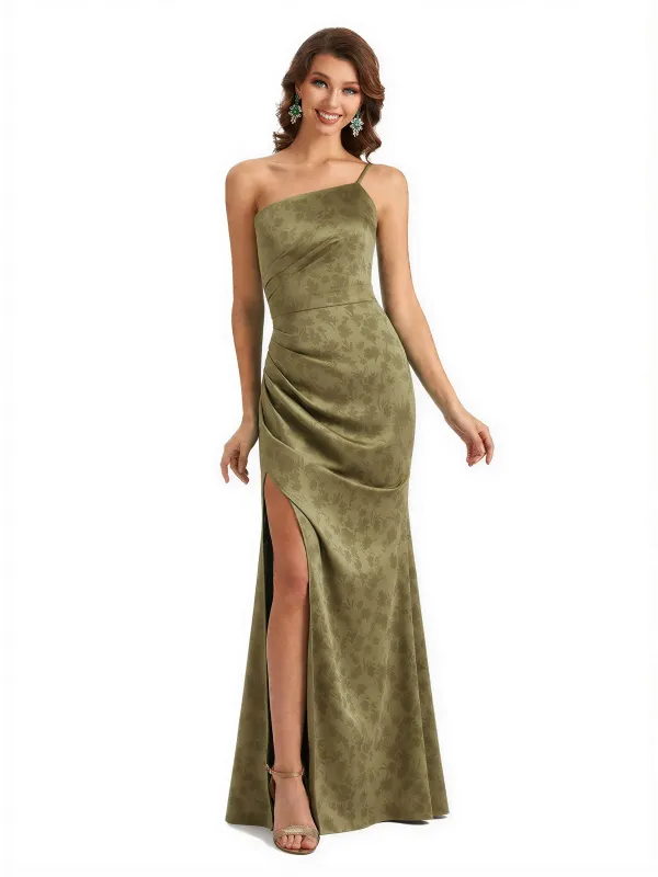 Simple One Shoulder Side Slit Sleeveless Mermaid Floral Satin Maxi Floral Formal Dresses For Women sold by ChicSew