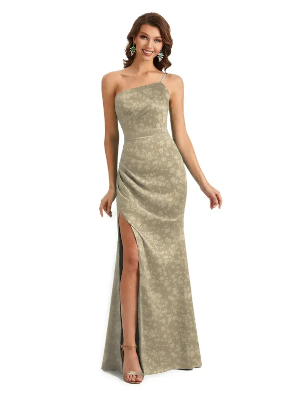 Simple One Shoulder Side Slit Sleeveless Mermaid Floral Satin Maxi Floral Formal Dresses For Women sold by ChicSew