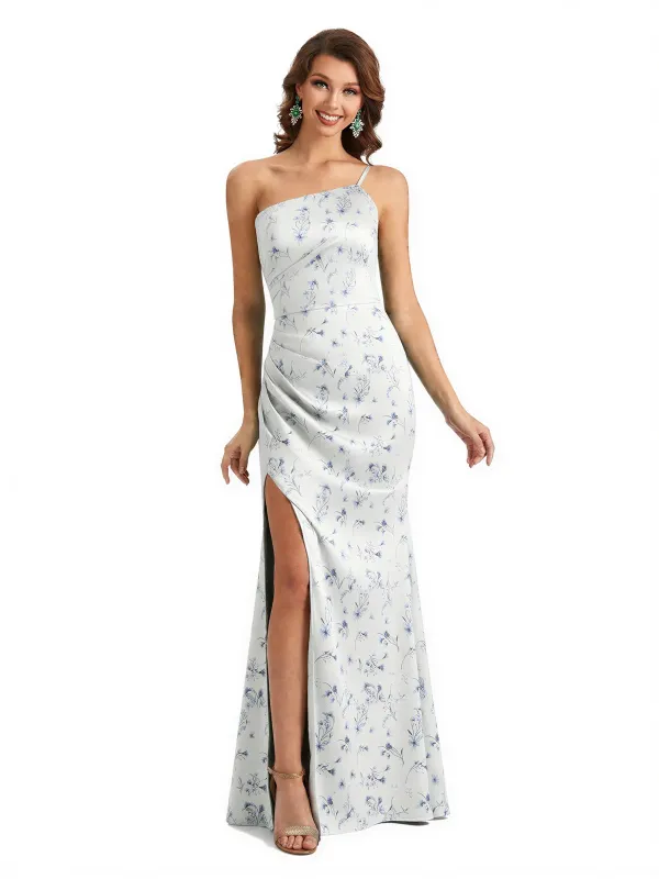 Simple One Shoulder Side Slit Sleeveless Mermaid Floral Satin Maxi Floral Formal Dresses For Women sold by ChicSew