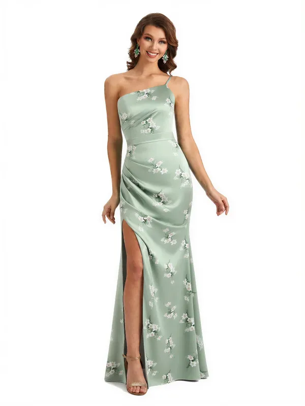 Simple One Shoulder Side Slit Sleeveless Mermaid Floral Satin Maxi Floral Formal Dresses For Women sold by ChicSew