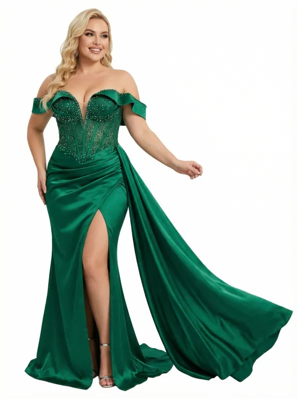 Sexy Off The Shoulder Beaded Mermaid Satin Prom Dresses with Slit sold by ChicSew