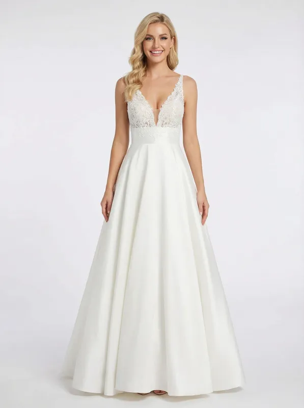 Elegant Satin Lace Applique V-neck A-line Cut Out Prom Dresses sold by ChicSew