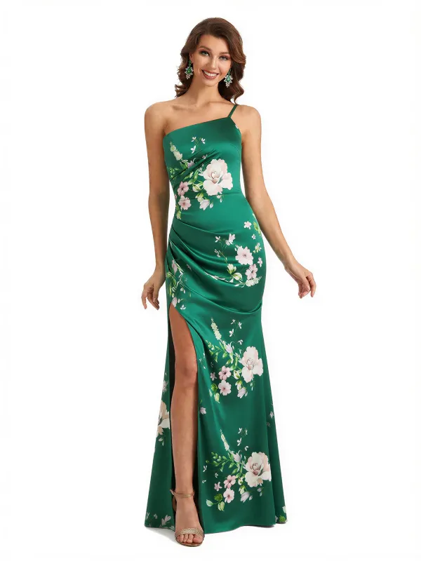 Simple One Shoulder Side Slit Sleeveless Mermaid Floral Satin Maxi Floral Formal Dresses For Women sold by ChicSew