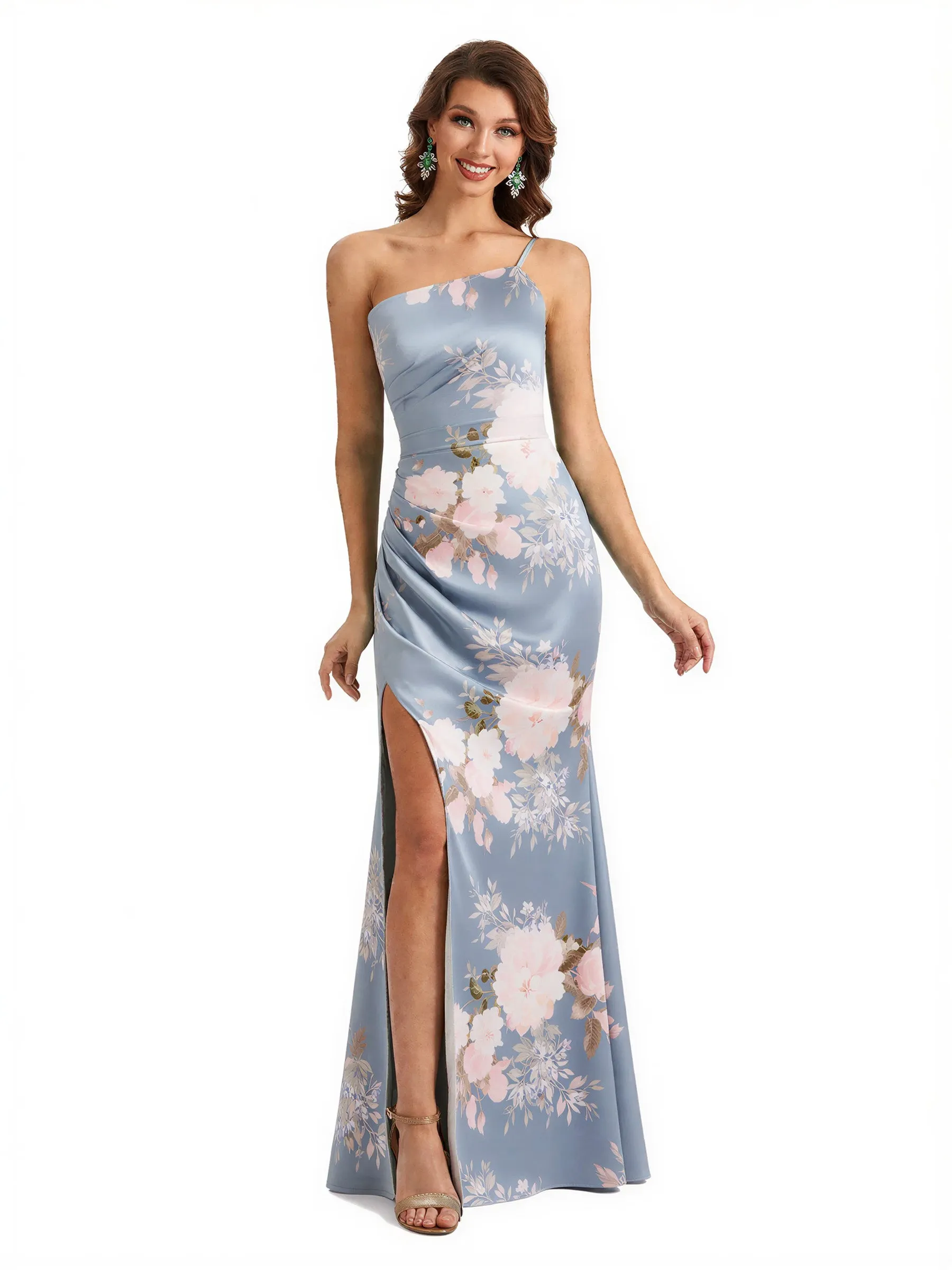 Simple One Shoulder Side Slit Sleeveless Mermaid Floral Satin Maxi Floral Formal Dresses For Women sold by ChicSew