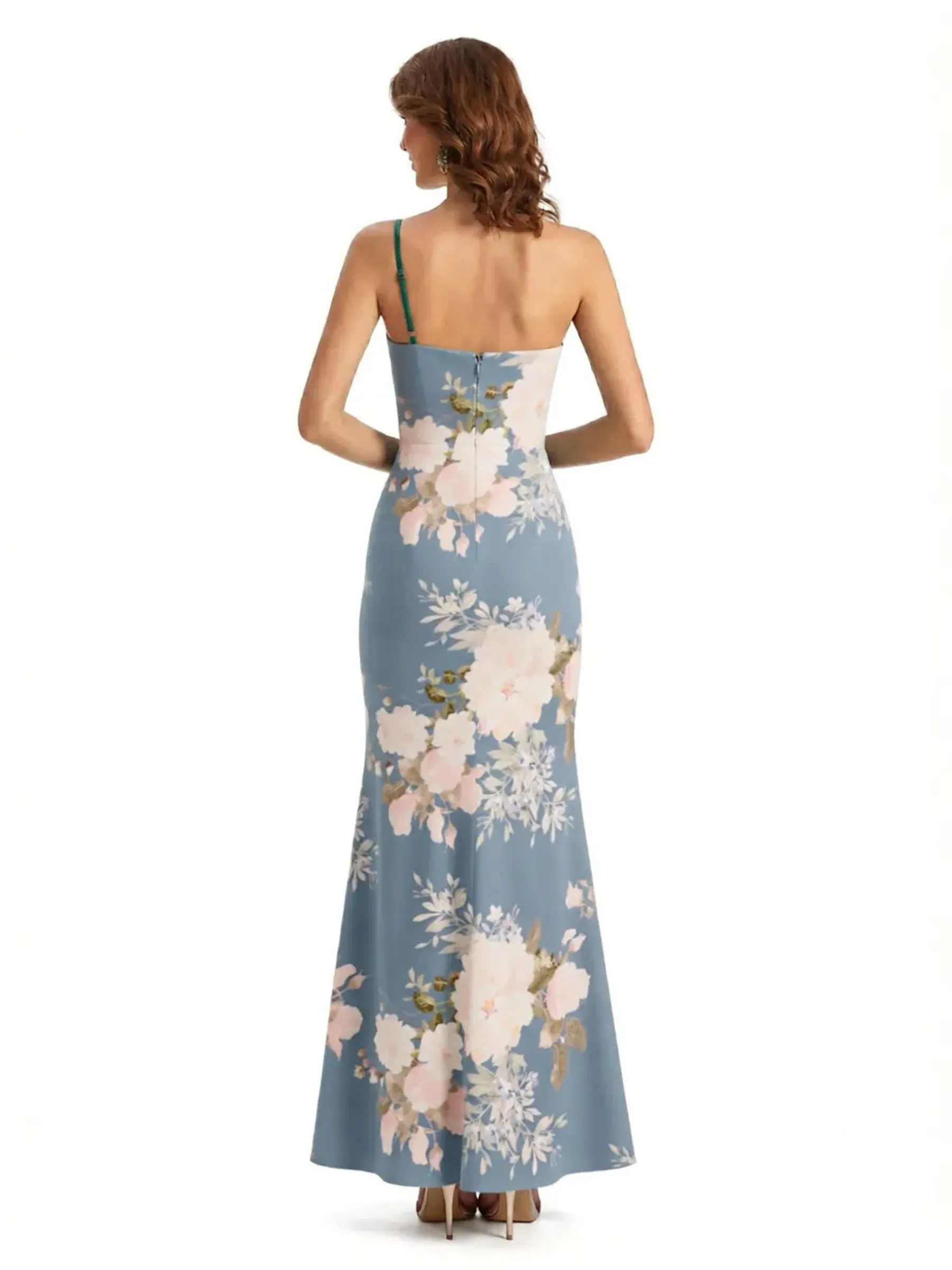 Simple One Shoulder Side Slit Sleeveless Mermaid Floral Satin Maxi Floral Formal Dresses For Women sold by ChicSew product image thumbnail 2