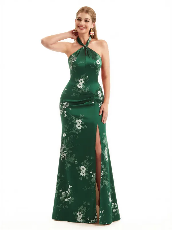 Beautiful Halter Side Slit Mermaid Floral Satin Maxi Floral Formal Dresses For Women sold by ChicSew