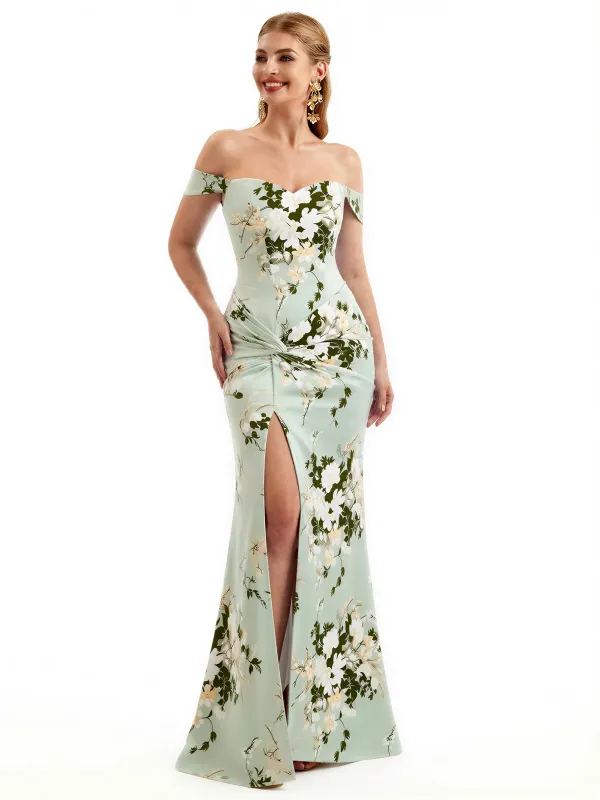 Beautiful Off Shoulder Side Slit Mermaid Floral Satin Maxi Floral Formal Dresses For Women sold by ChicSew