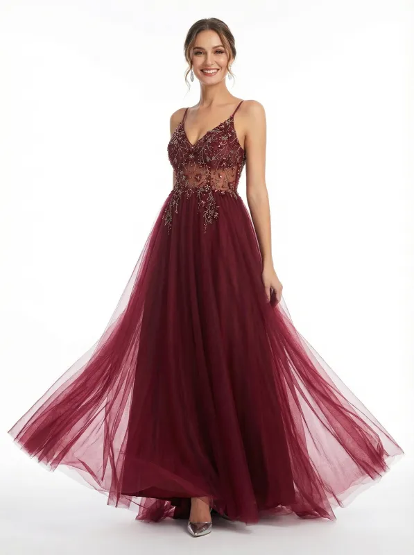 Elegant Cutout Beaded A Line Tulle Long Party Prom Dresses made by ChicSew