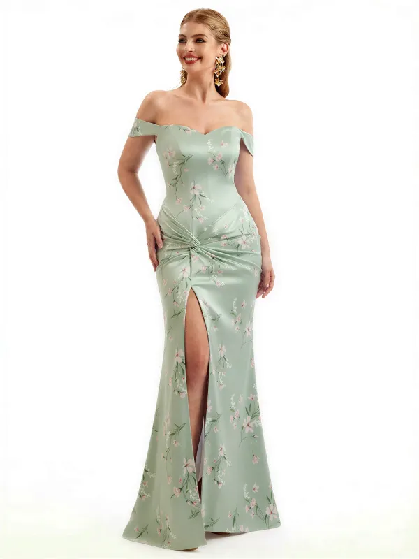 Beautiful Off Shoulder Side Slit Mermaid Floral Satin Maxi Floral Formal Dresses For Women sold by ChicSew