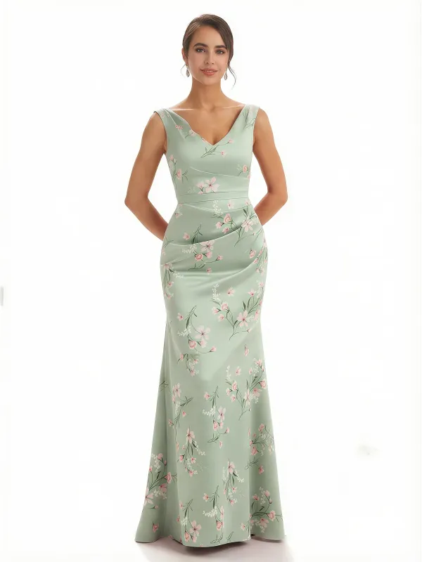 Trendy V-Neck Mermaid Floral Satin Maxi Floral Formal Evening Dresses For Women sold by ChicSew