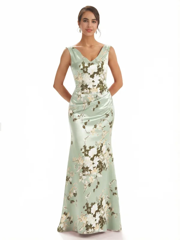 Trendy V-Neck Mermaid Floral Satin Maxi Floral Formal Evening Dresses For Women sold by ChicSew
