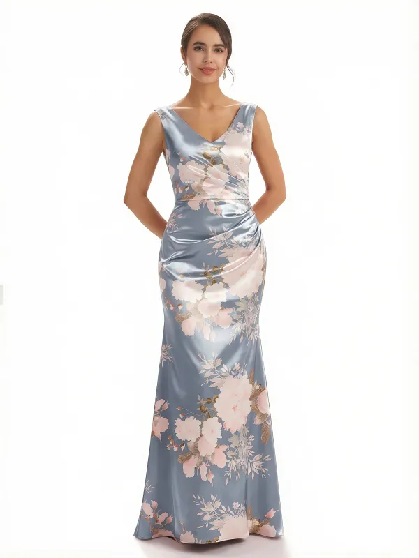 Trendy V-Neck Mermaid Floral Satin Maxi Floral Formal Evening Dresses For Women sold by ChicSew