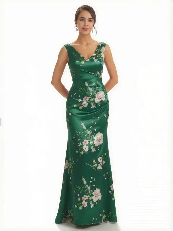Trendy V-Neck Mermaid Floral Satin Maxi Floral Formal Evening Dresses For Women sold by ChicSew