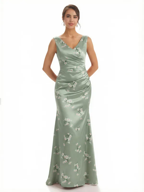 Trendy V-Neck Mermaid Floral Satin Maxi Floral Formal Evening Dresses For Women sold by ChicSew