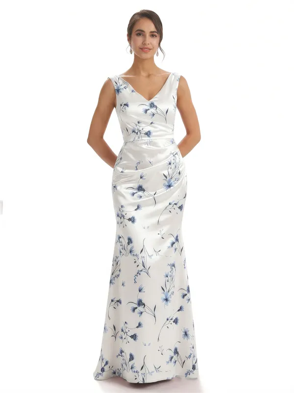 Trendy V-Neck Mermaid Floral Satin Maxi Floral Formal Evening Dresses For Women sold by ChicSew