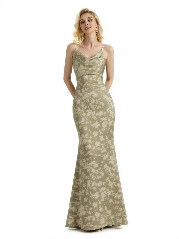 Sexy Jewel Spaghetti Straps Mermaid Long Satin Floral Formal Dresses For Women sold by ChicSew