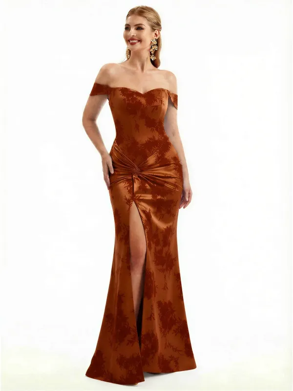 Beautiful Off Shoulder Side Slit Mermaid Floral Satin Maxi Floral Formal Dresses For Women sold by ChicSew