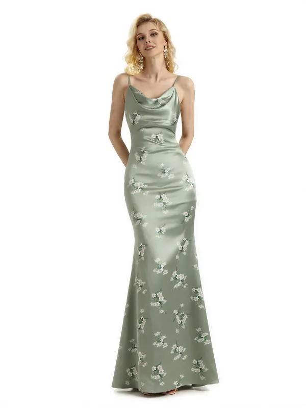 Sexy Jewel Spaghetti Straps Mermaid Long Satin Floral Formal Dresses For Women sold by ChicSew