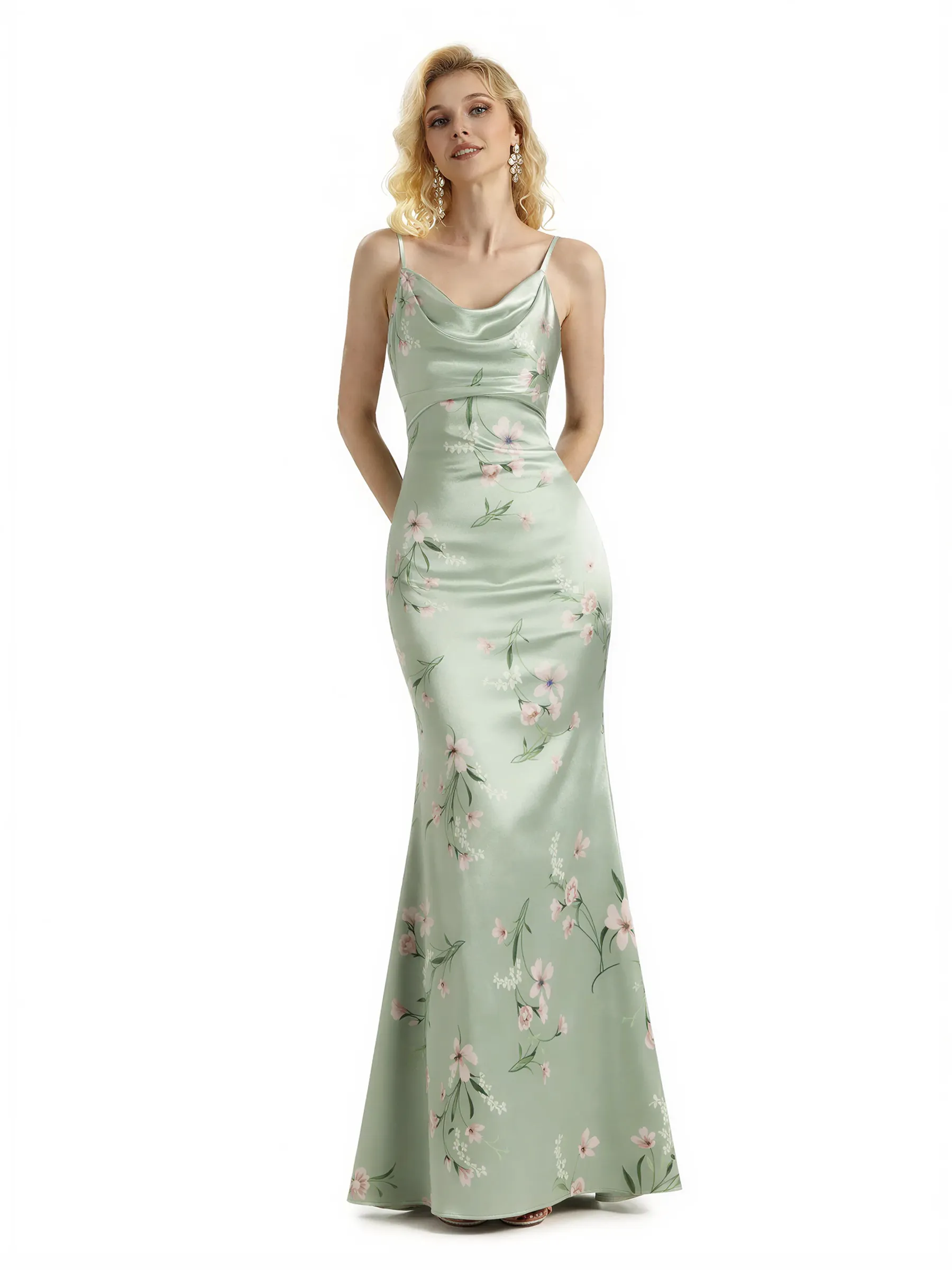 Sexy Jewel Spaghetti Straps Mermaid Long Satin Floral Formal Dresses For Women sold by ChicSew