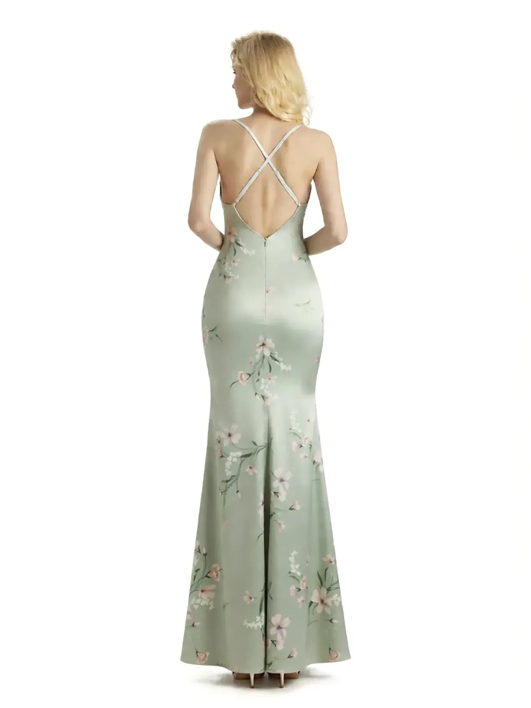 Sexy Jewel Spaghetti Straps Mermaid Long Satin Floral Formal Dresses For Women sold by ChicSew product image thumbnail 2