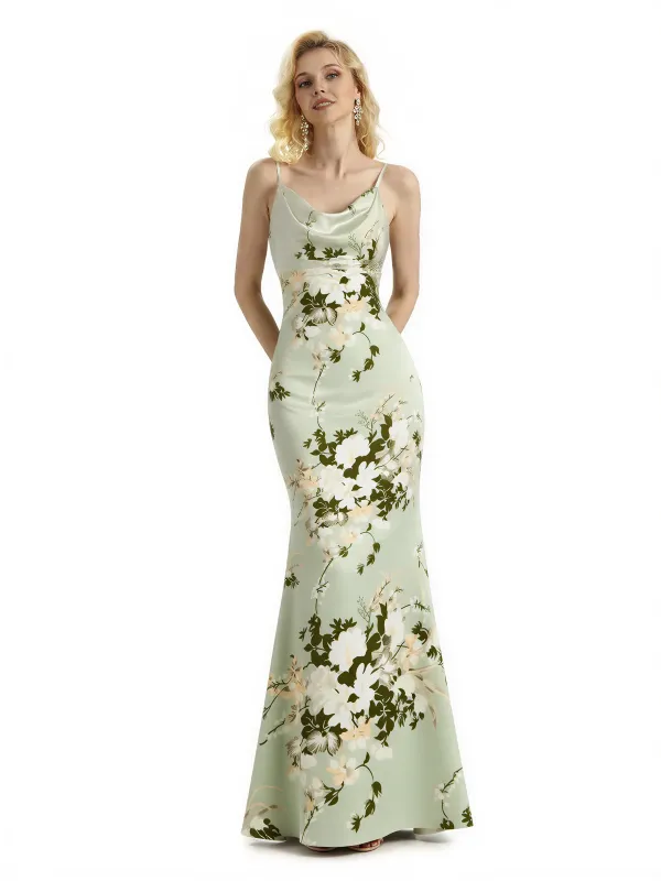 Sexy Jewel Spaghetti Straps Mermaid Long Satin Floral Formal Dresses For Women sold by ChicSew