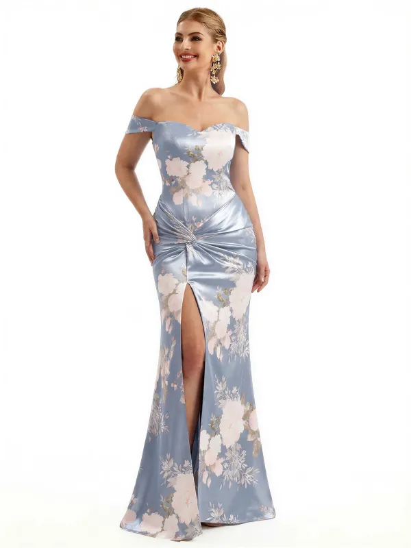 Beautiful Off Shoulder Side Slit Mermaid Floral Satin Maxi Floral Formal Dresses For Women sold by ChicSew