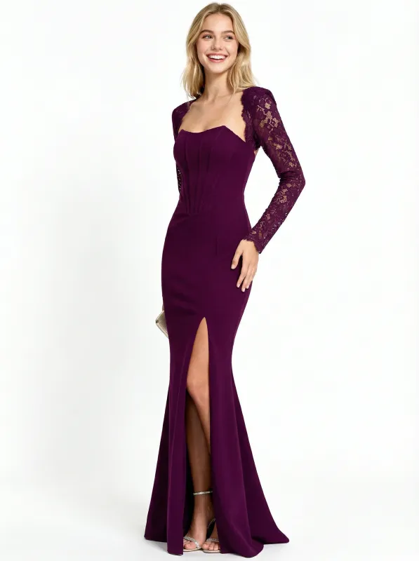 Elegant Mermaid Long Sleeves  Crepe Long Party Prom Dresses Side Slit sold by ChicSew