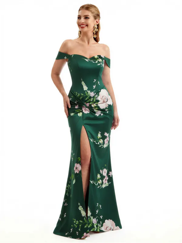 Beautiful Off Shoulder Side Slit Mermaid Floral Satin Maxi Floral Formal Dresses For Women sold by ChicSew