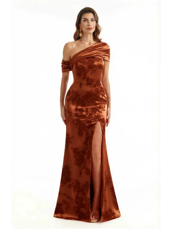 Elegant Asymmetrical Side Slit Mermaid Long Satin Floral Formal Dresses For Women sold by ChicSew