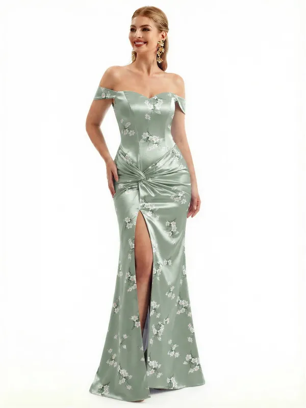 Beautiful Off Shoulder Side Slit Mermaid Floral Satin Maxi Floral Formal Dresses For Women sold by ChicSew