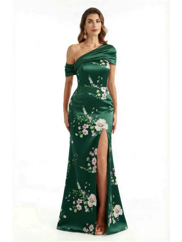 Elegant Asymmetrical Side Slit Mermaid Long Satin Floral Formal Dresses For Women sold by ChicSew