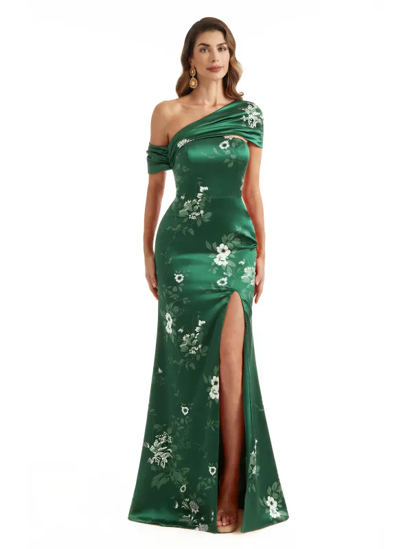 Elegant Asymmetrical Side Slit Mermaid Long Satin Floral Formal Dresses For Women sold by ChicSew