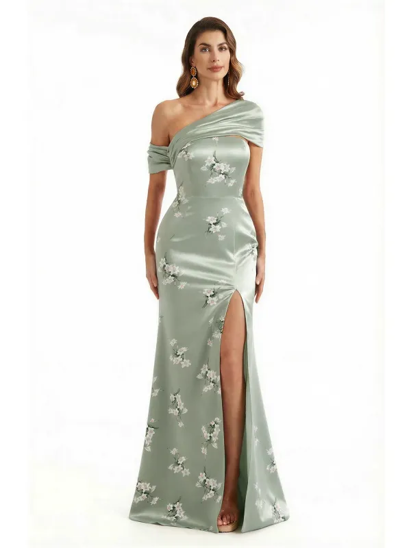 Elegant Asymmetrical Side Slit Mermaid Long Satin Floral Formal Dresses For Women sold by ChicSew