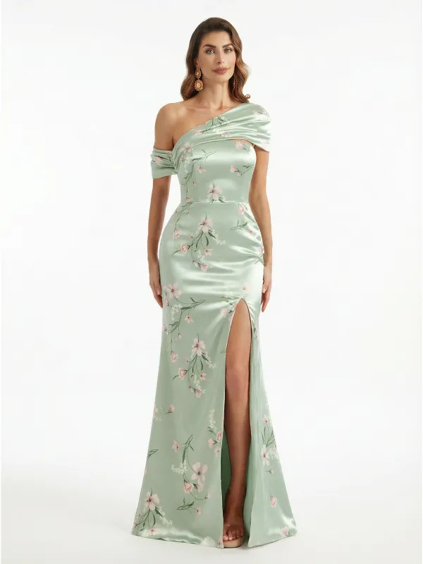 Elegant Asymmetrical Side Slit Mermaid Long Satin Floral Formal Dresses For Women sold by ChicSew
