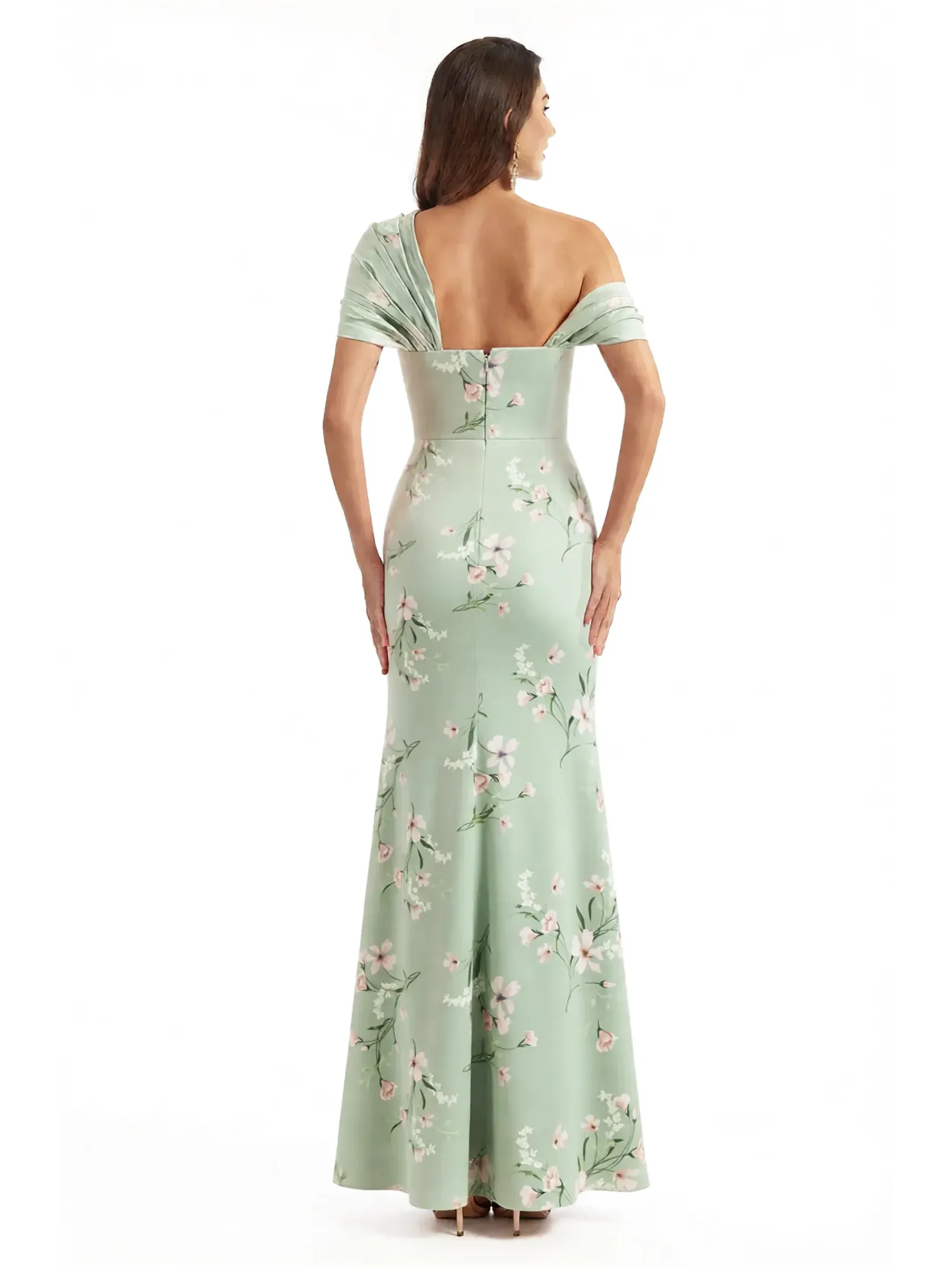 Elegant Asymmetrical Side Slit Mermaid Long Satin Floral Formal Dresses For Women sold by ChicSew product image thumbnail 2