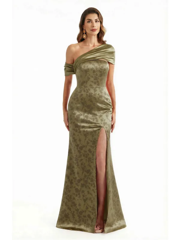 Elegant Asymmetrical Side Slit Mermaid Long Satin Floral Formal Dresses For Women sold by ChicSew