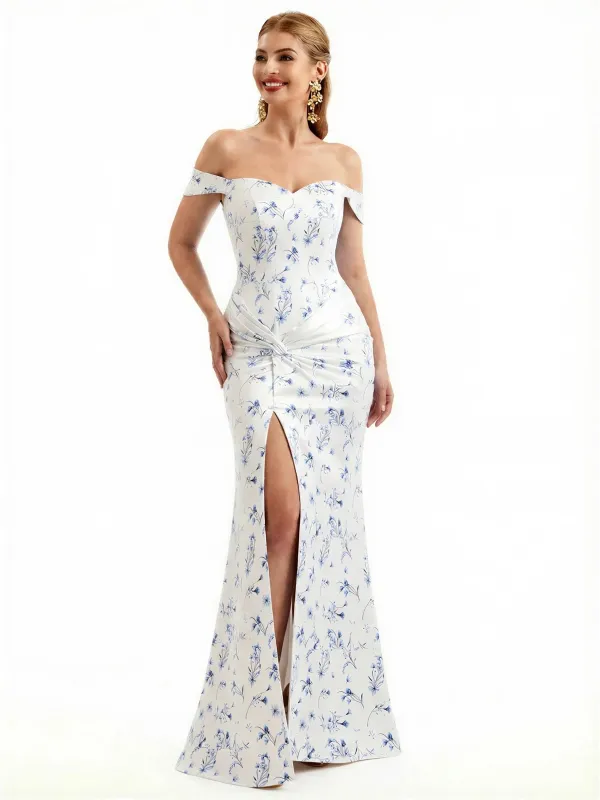 Beautiful Off Shoulder Side Slit Mermaid Floral Satin Maxi Floral Formal Dresses For Women sold by ChicSew